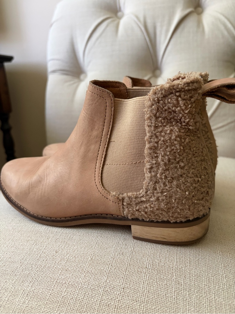 Toms Tan Chelsea Booties with Shearling Heel Accent